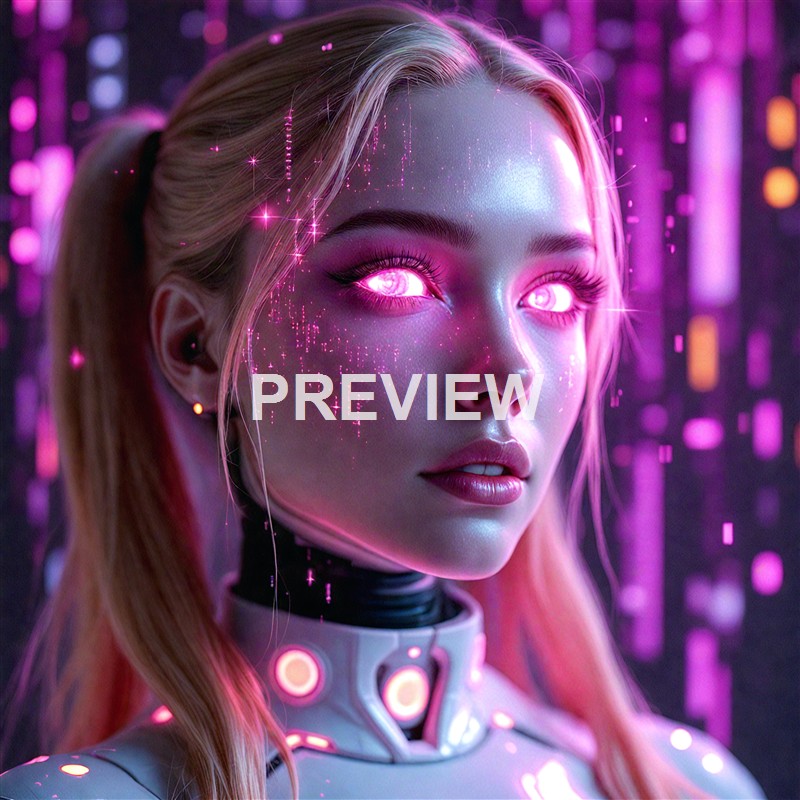 A futuristic, digitally enhanced portrait of a woman with glowing pink eyes, illuminated by neon purple and pink lights, surrounded by digital particles and holographic effects.